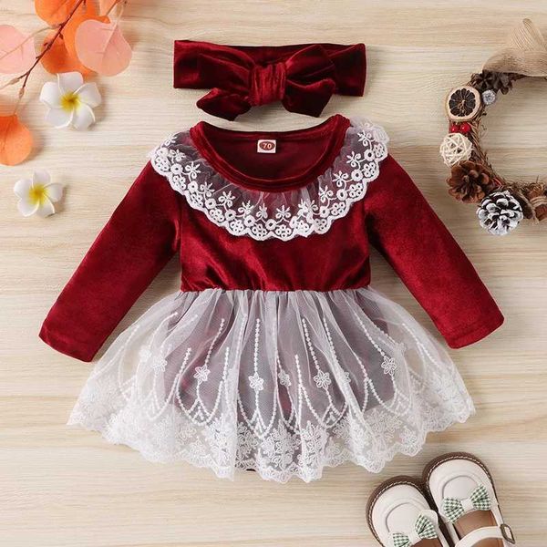 Baby Girl Velvet Rpers Dress Lace Patchwork Skirt Hem Jumpsuits Newborn Bodysuits with band Set for Christmas Par Outfit Z250110