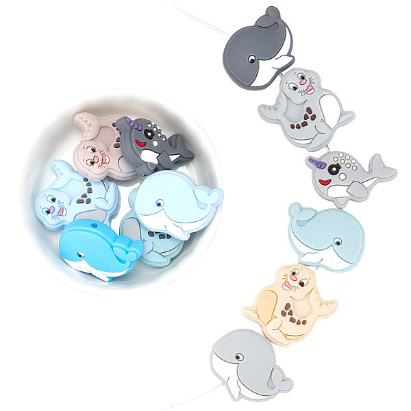 12Pcs 12 Style Whale-Dolphin-Sea Dog Food Grade Eco-Friendly Silicone Beads