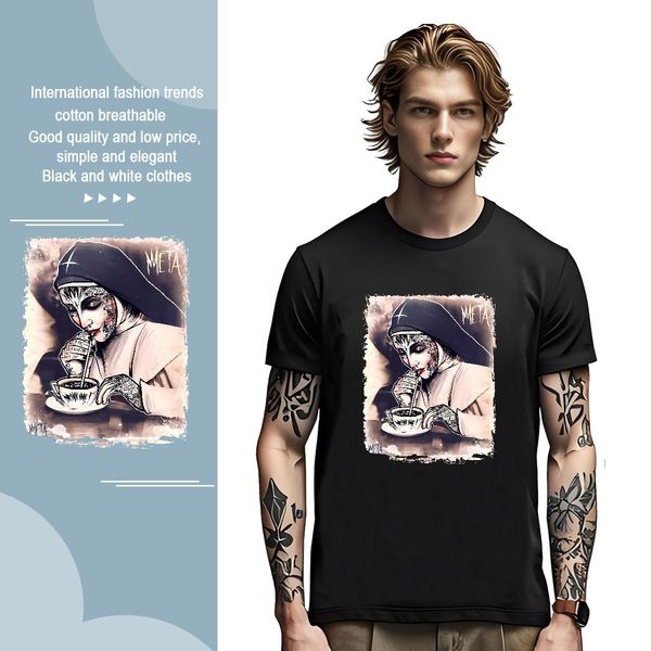 2024 New T Shirts Men drink coffee 230g Cotton Tshirts Home Outdoor Breathable Short Sleeve Cartoon Print Loose Tops Tees