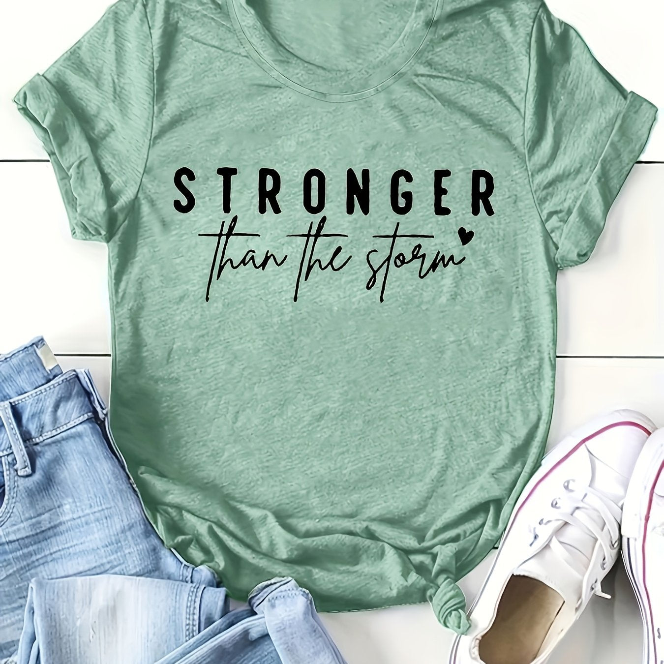 TEMU Women's Mint -shirt - Stronger Than Letter Print, Lightweight Everyday Casual Top For Spring-summer Outfits, Home & Casual Attire - Round Neck