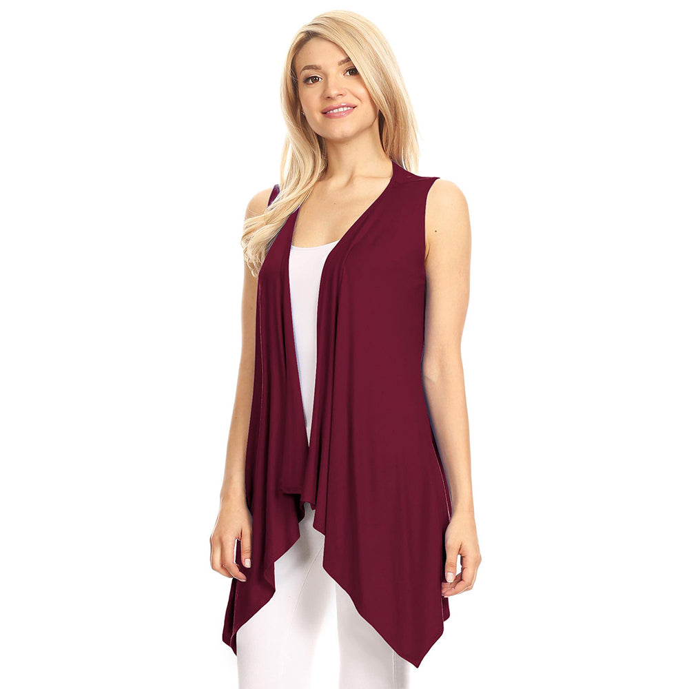 Women's Lightweight Sleeveless Solid Open-Front Drape Vest Cardigan - Wine - 2XL