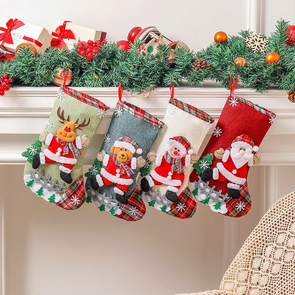 Linen Large Christmas Stocking Fence Christma Gift Bag Xmas Tree Ornament Noel Candy Bag Natal Pendants Merry Christmas Decor
