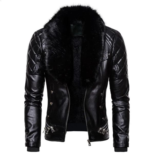 Winter Mens Plush Fur Collar Leather Jacket Casual Fashion Trend Rivet Pressed Cotton Thick Wind-proof Leather Jackets Man 240826
