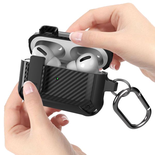 For AirPods Pro 2nd Generation Case Cover with Snap Switch, Secure Lock Clip Carbon Fiber Grain Protective Cases for Air pods 3 2 1 with Key