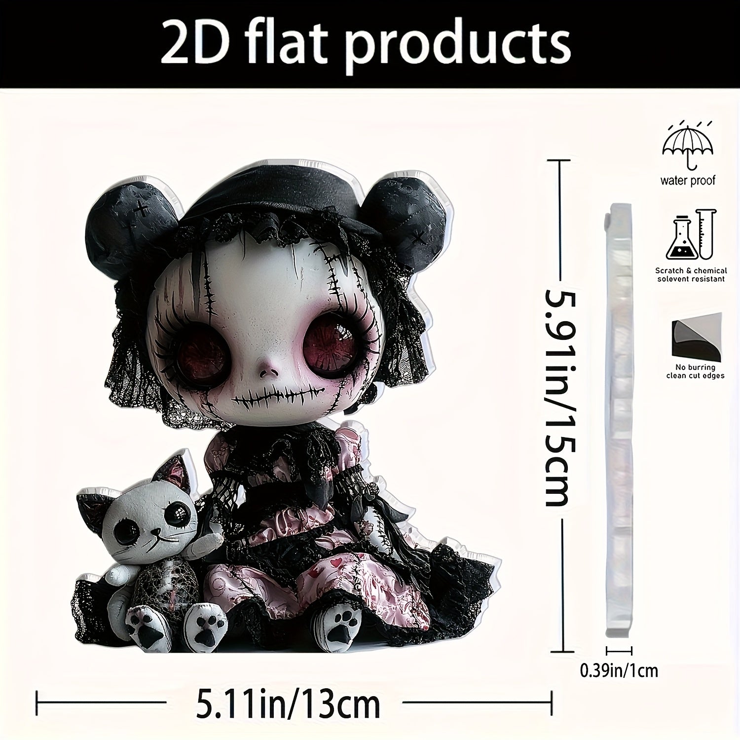 TEMU 2d Flat - 1pc Gothic Style Doll With Cat Plushie Acrylic Desktop Decoration, 5.91 "x5.11", Black Lace Dress And Red Eyes, Halloween, Christmas,