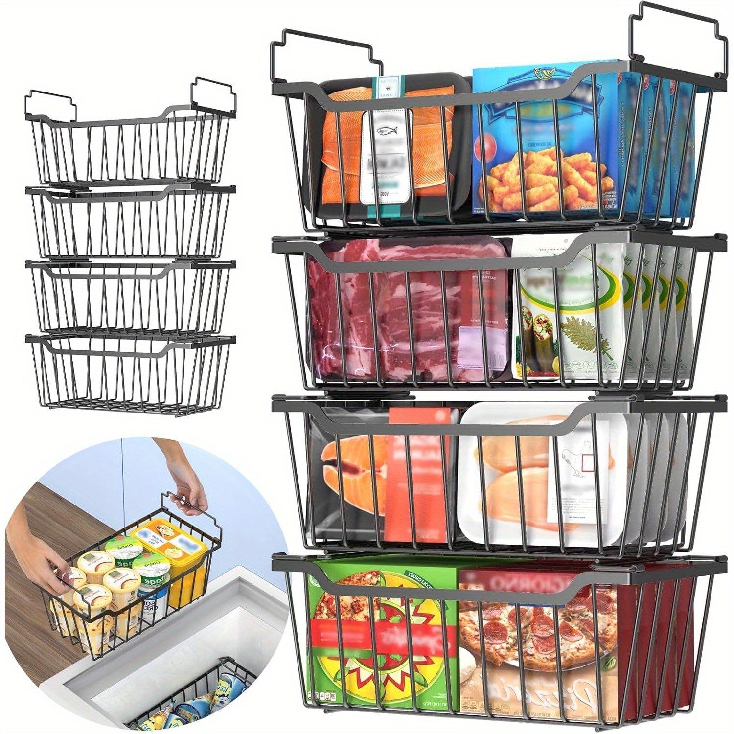 TEMU Heavy-duty Stackable Freezer Organizer Bins - Space-saving Refrigerator Storage Bins With Foldable Handles, No Assembly Needed, For Chest