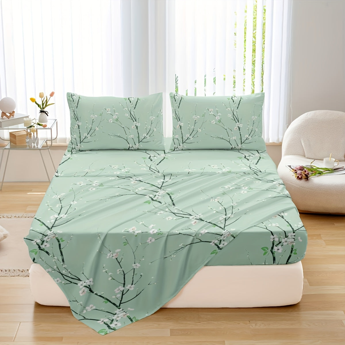 TEMU 4pcs Multicolour Tree Branch Plum Sheet Protector Bed Sheet Pillowcase Four-piece Set (1 Bed +1 Bed Sheet +2 Pillowcase Without Pillow Core),