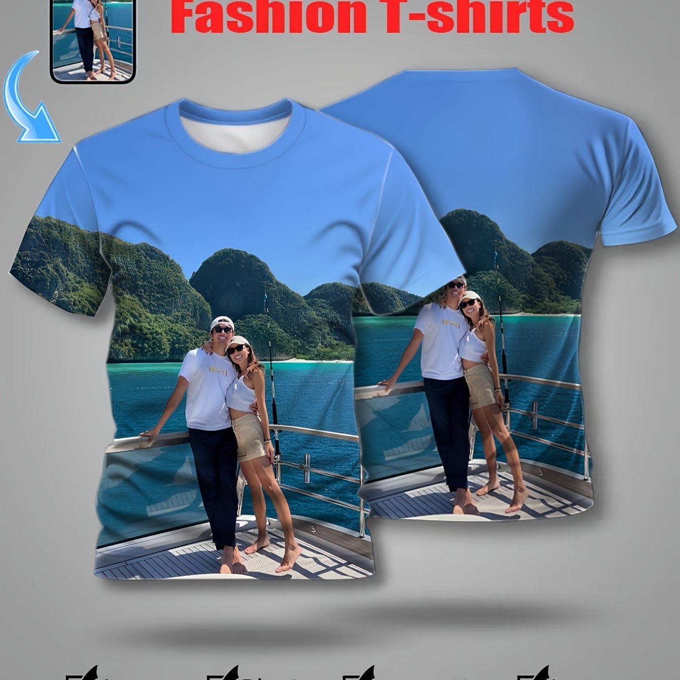 TEMU Custom Couple T-shirts - Personalized Photo Full-body Print Breathable Polyester Round Neck Short Sleeve - Machine Washable Summer Casual Wear &