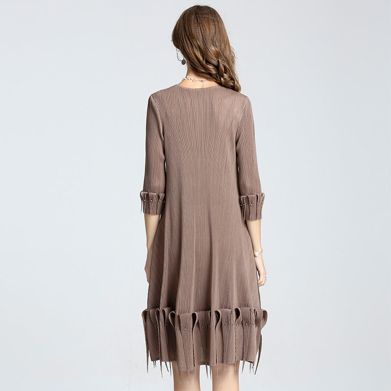 (290) Women&#039;s Miyake beaded tassel dress, loose pleated, wide swing, A-line long skirt, drapey small dress