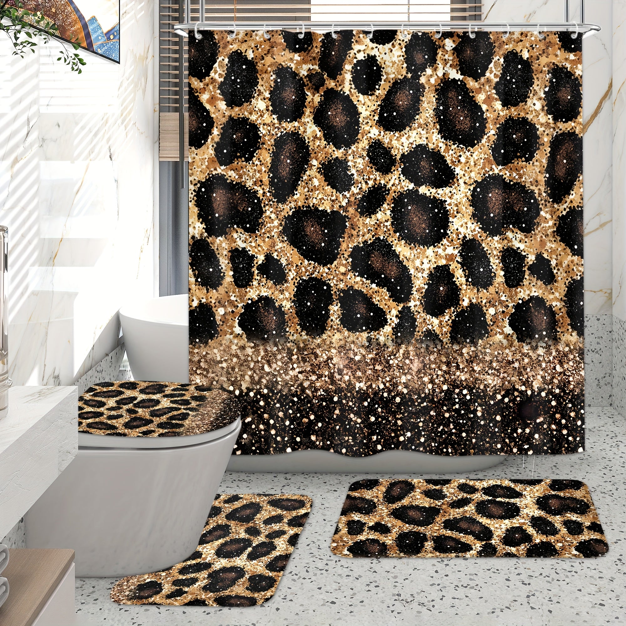 TEMU 4pcs Leopard Print Shower Curtain Set, Brown Leopard Waterproof Bathroom Set With 12 Hooks, Non-slip Rugs, Toilet Lid Cover, U-shaped Mat,