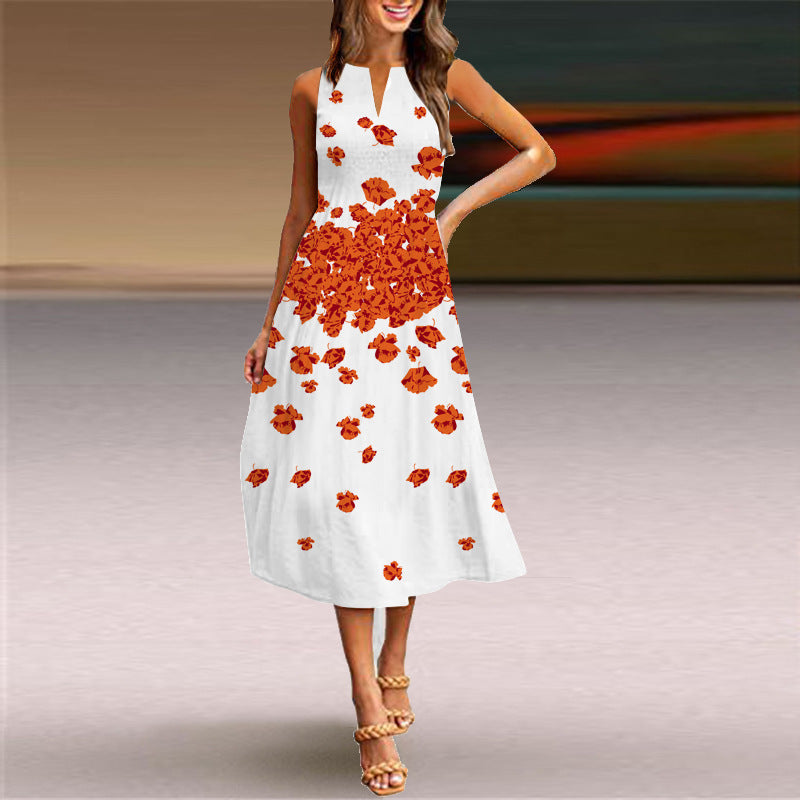 B395 European and American sleeveless long dress female casual printed big swing skirt Bohemian beach long skirt