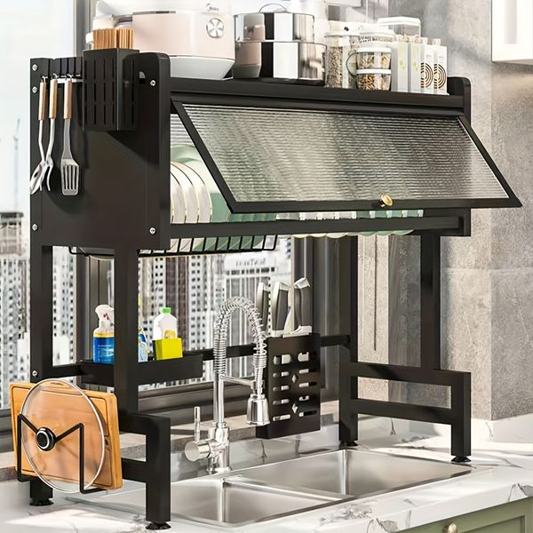 Over Sink Dish Drying Rack with Cover Carbon Steel Metal Kitchen Organizer for Bowl Plate Utensil Storage Space-Saving Cleaning Basket and C