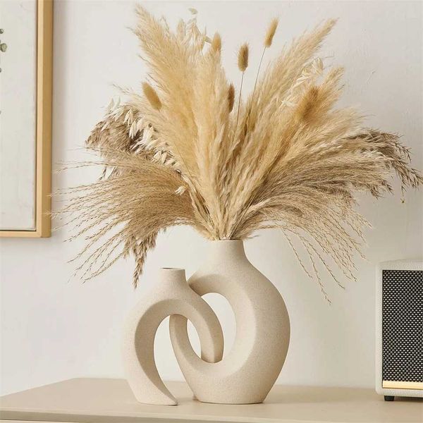 Dried Flowers Natural Pampas Grass White Ceramic Vase Set Modern Home Decor Round Boho VaseTable CenterpieceLiving Room Wedding Decoration