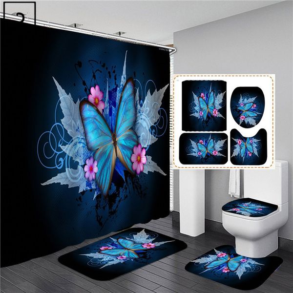 Shower Curtains Black Blue Polyester Fabric Bathroom Set Ladies Restroom Decoration Bath Mat Toilet Rug 230510