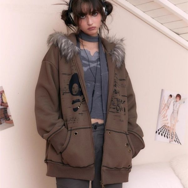 American Retro Fur Collar Hooded Sweatshirt for Women Harajuku Style Gothic Zip Hoodie Fashion Street Y2k Hip Hop Jacket 240828
