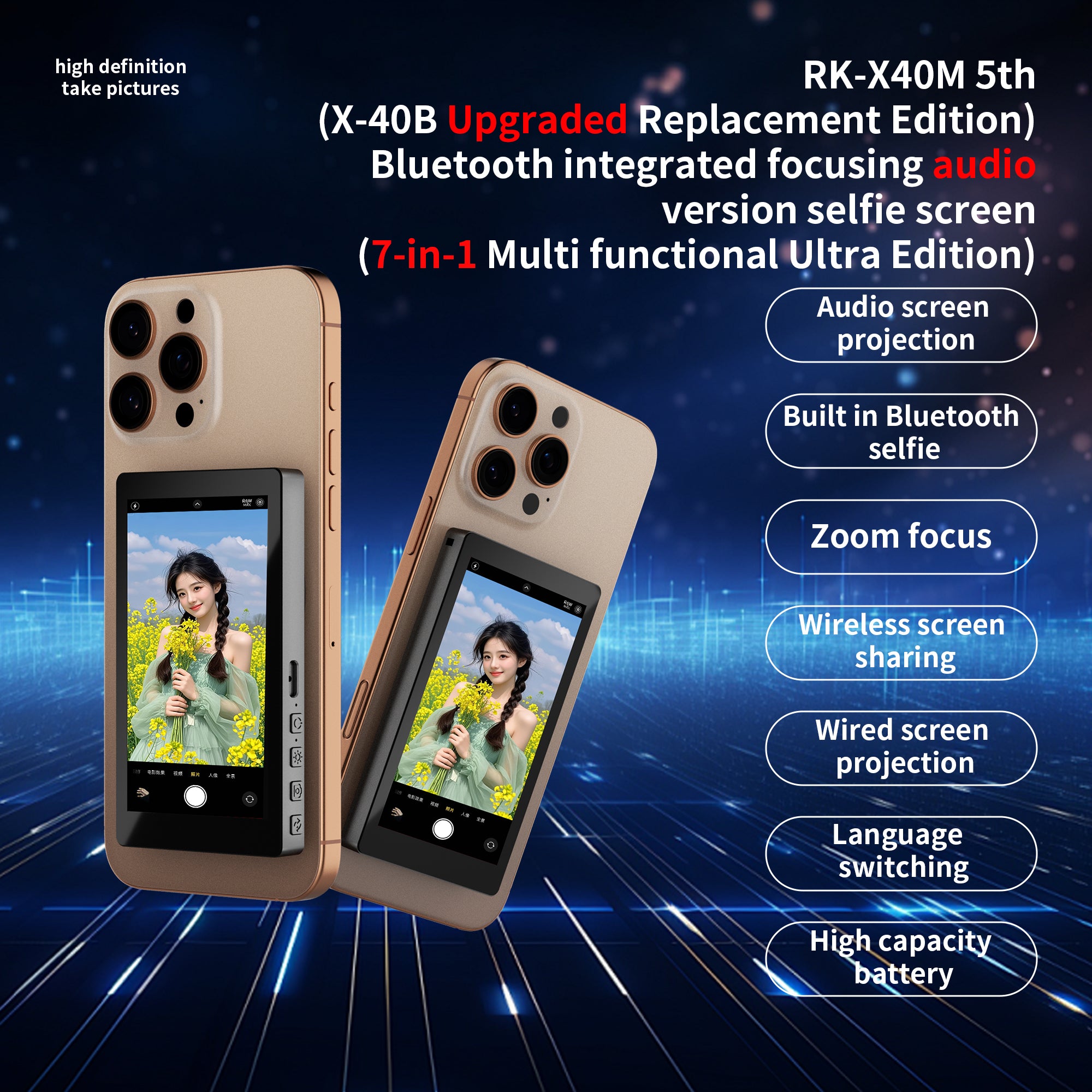 RK-X40M Smart Magnetic Selfie Display for Phones: Remote Control, Sound, Zoom, Screen Mirroring & Wireless Connectivity