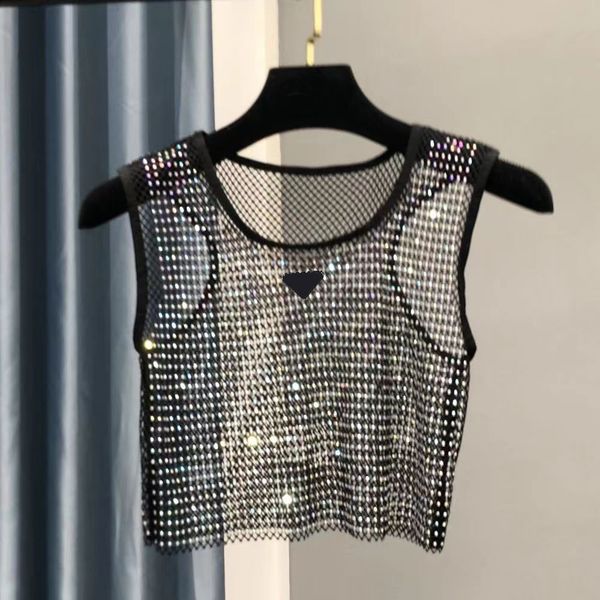 Woman Vest Shirts Net T Shirt Sleeveless Tank Hollow Out Crystal Diamond Female Slim Vests Tees Shirts Tops S-L