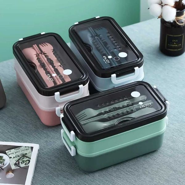 Bento Lunch Box Japanese-Style Large Capacity Double Layer Stackable Box Microwave Safe Comes With Three-Piece Cutlery Set F Y250115