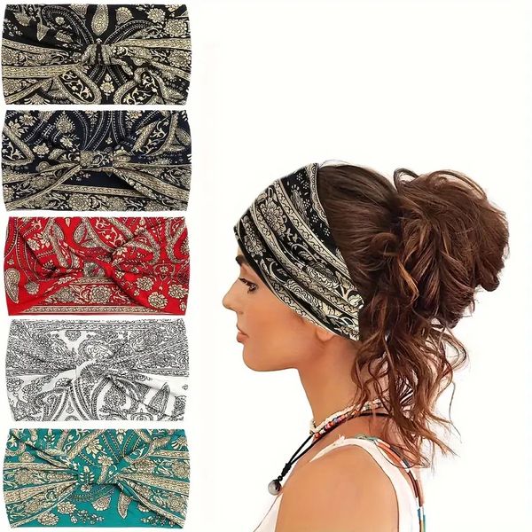 Elegant Vintage Floral Printed Wider Hairband Featuring Bowknot Detail - Suitable for Activewear and Everyday Styles Select from Assorted Co