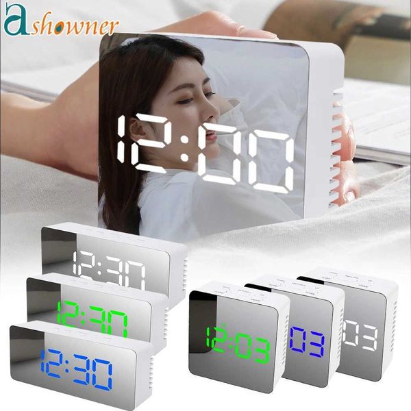 Mirror Digital Alarm Clock LED Display Snooze Wake Silent Calendar Temperature Desktop Dimmable Electronic Desk Clock Home Decor Y240904