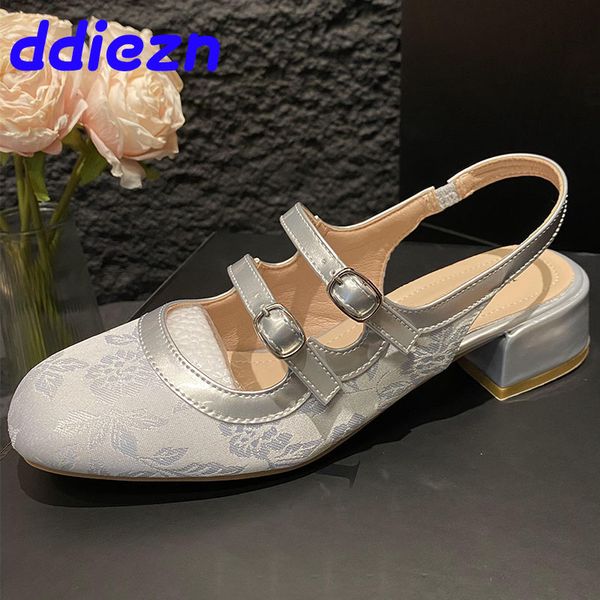 Fashion Silk Buckle Strap Footwear Medium Heels Women Mary Janes Female Shallow Sgbac Ladies Heeled Shoes Big Size 43 3050