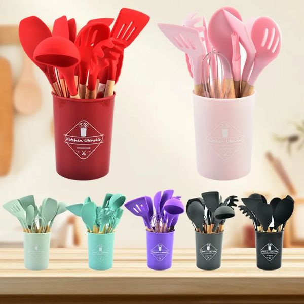 Silicone Kitchen Utensil Set 12 Pieces-Lot Cooking With Wooden Handles Holder For Nonstick Cookware Spoon Soup Ladle Slotted Whisk Tongs Bru