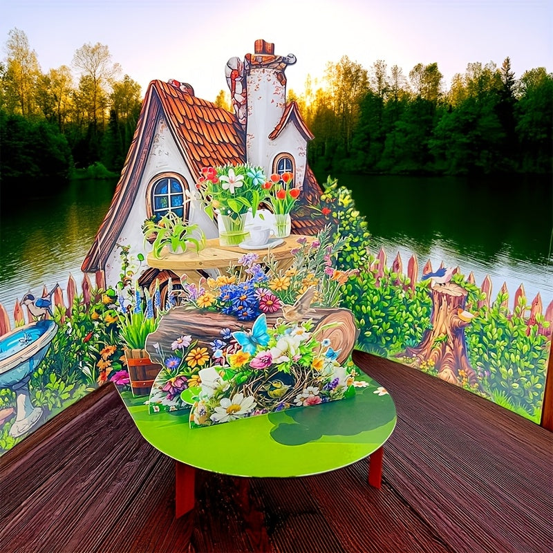 TEMU 1pc Pop-up Greeting Card With Floral Cottage, Pond & Birds - Interactive 3-fold Mechanism, Tabletop Decoration - Birthday, Wedding,