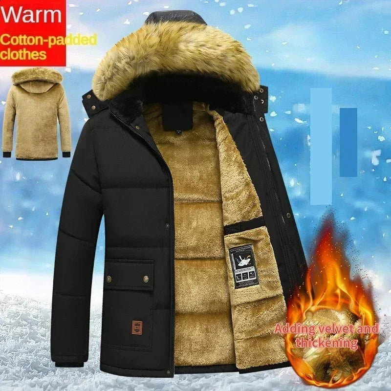 2024 Men Winter Autumn Work Outwearing Parka Black Fleece Lined Thick Warm Hooded Fur Collar Coat Male Size 5XL Plush Jacket 241121