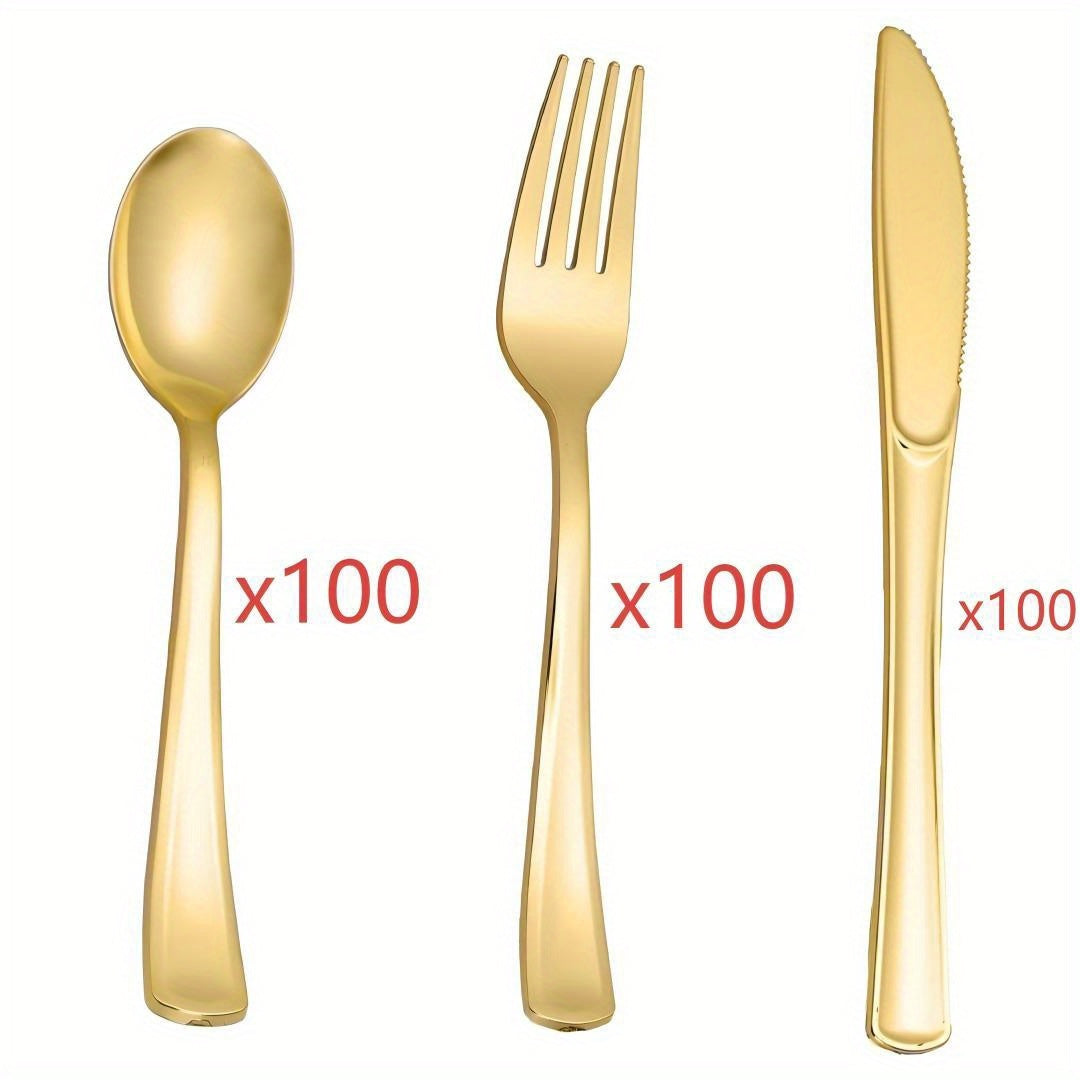 TEMU Wonderfulmed 300pcs Of Golden- Cutlery Set, Including 100 Party Forks, 100 Party Spoons, And 100 Party Knives, Suitable For Home, Bar And