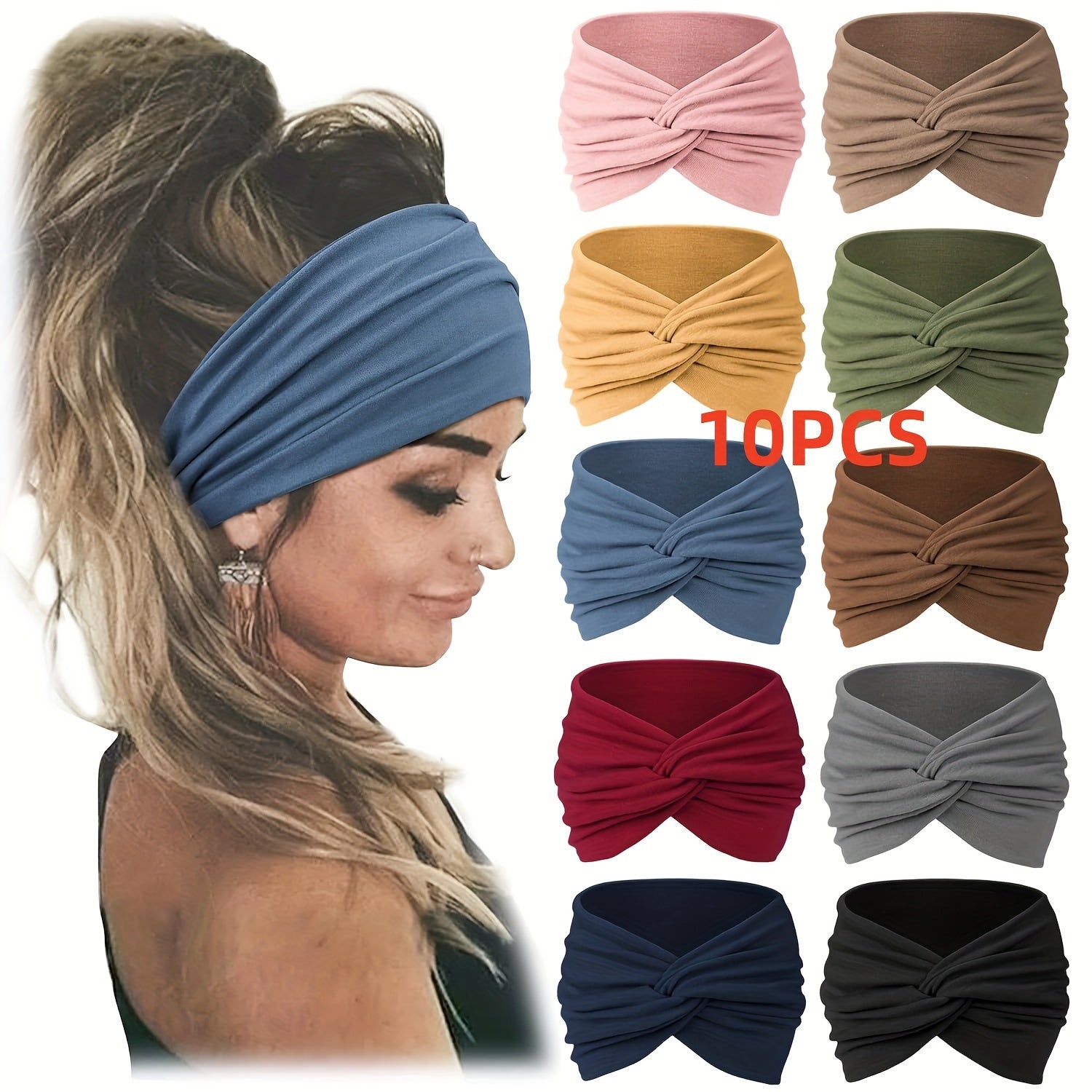 TEMU 10pcs Wide Soft Ladies Headband Hair Wrap, Bohemian Fashion Bandanas Elastic Yoga Hair Bands Hair Accessories, Head Wraps Knotted Stretch