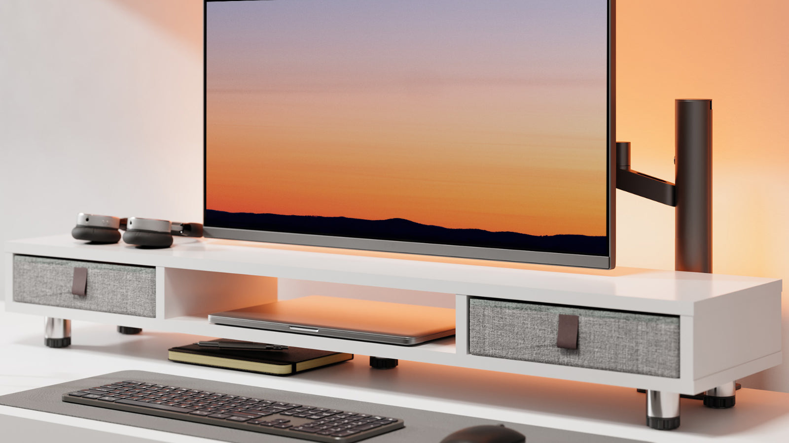 FENGE Dual Monitor Stand with 2 Drawers White