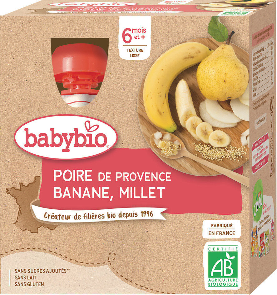 Babybio fruktflasker - 6 måneder og + - Pære, banan, hirse - BIO 4X90G
