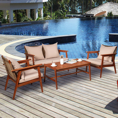 Acacia Wood and Rattan 4-Piece Patio Furniture Set