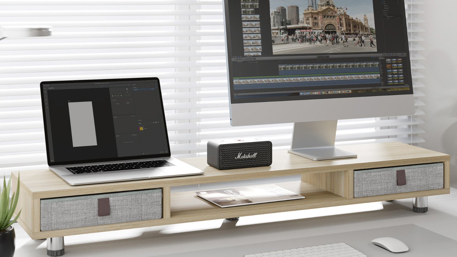 FENGE Dual Monitor Stand with 2 Drawers Maple