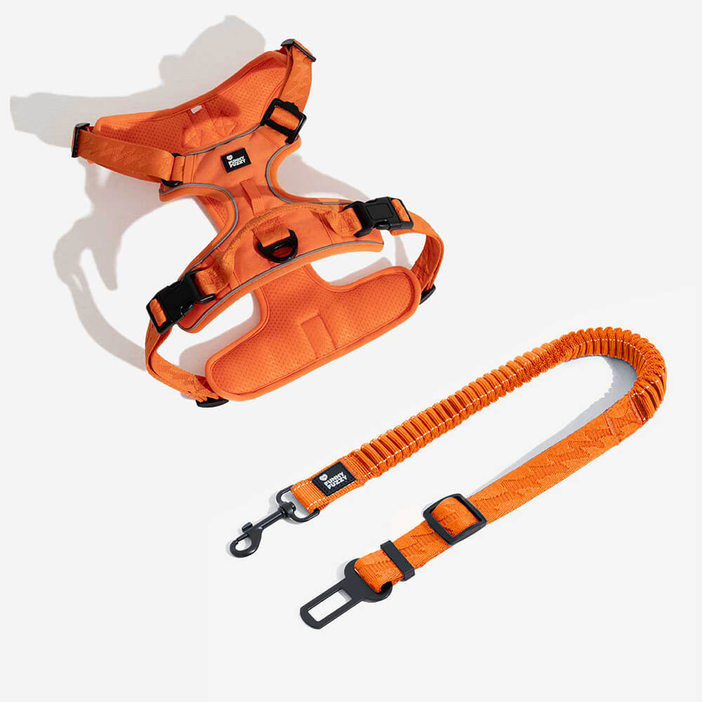 Buffer Adjustable Cool Dog Accessories Car Seat Belt, Neon Orange+Harness - L