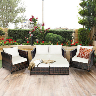 Rattan 5-Piece Cushioned Patio Set - Red