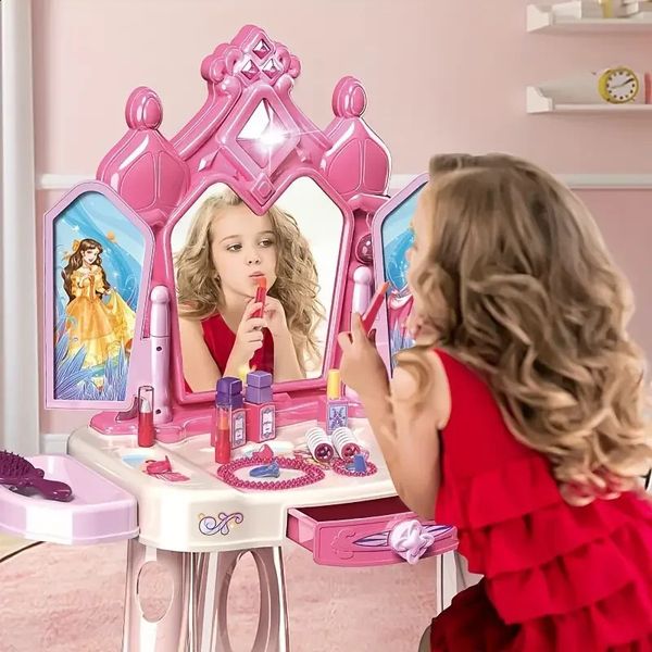 Pretend Play Girls Makeup Table Set With StoolOpen DoorsKids Vanity Lights And MusicPretend MakeupChristmas Gifts 250116