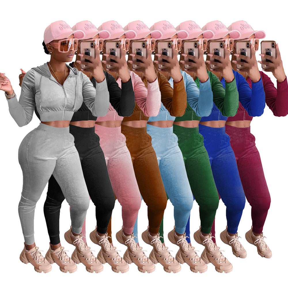 Fall Winter Velvet Tracksuits Women Two Piece Sets Autumn Clothes Sweatsuits Long Sleeve Hooded Jacket And Pants Casual Velour Sportswear Clothing 8