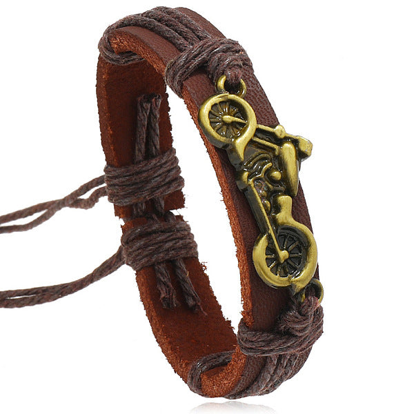 Motorbike Alloy & Cowhide & Jute Cord Braided Bracelets for Men