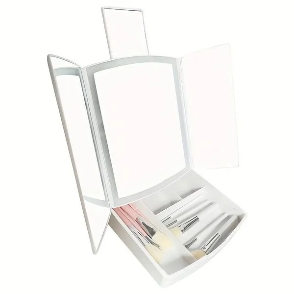 Tri-Fold Lighted Makeup Mirror With 4 Compartments Storage Tray - Led Folding Makeup Mirror USB Model Vanity Mirror - Perfect For Travel And