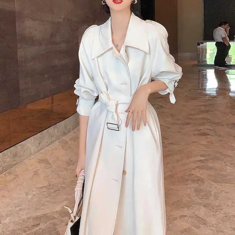 Spinrg Autumn Womens Trench Coat Long Sleeve Vintage Overcoat 2021Lady lapel Sashes Knee Length White Outerwear Windbreaker topX240921