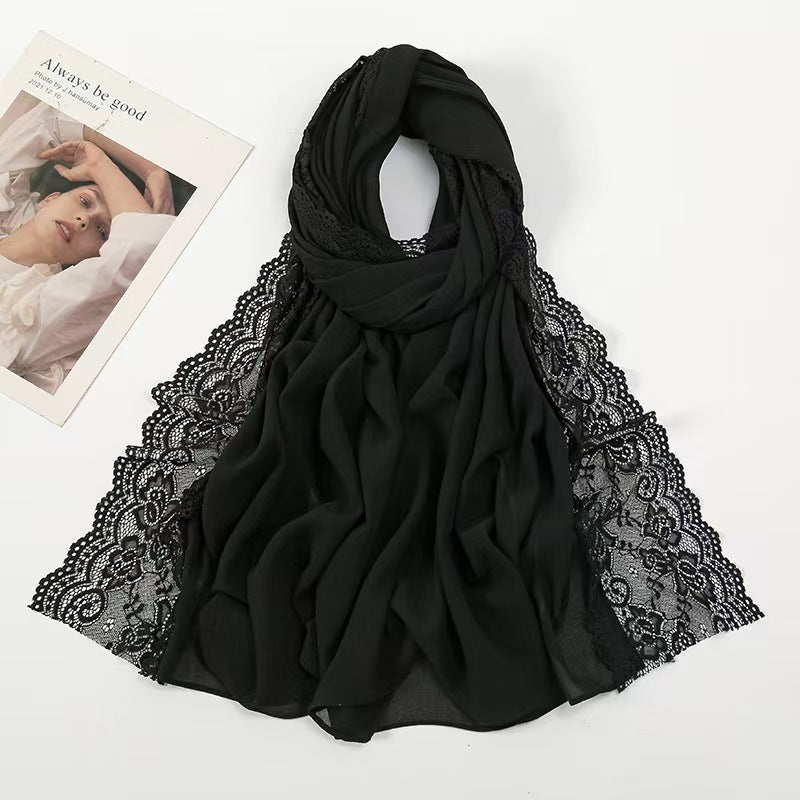 T777 new pearl chiffon bubble scarf lace Malay Indonesian ladies long scarf solid color simple all-match headscarf