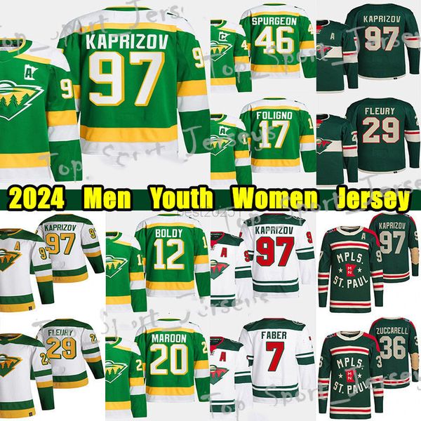 #97 Kirill Kaprizov Wild Reverse Retro Hockey Jersey #36 Zuccarello Marc-Andre Fleury Jared Spurgeon Pat Maroon Brock Faber Joel Eriksson Ek