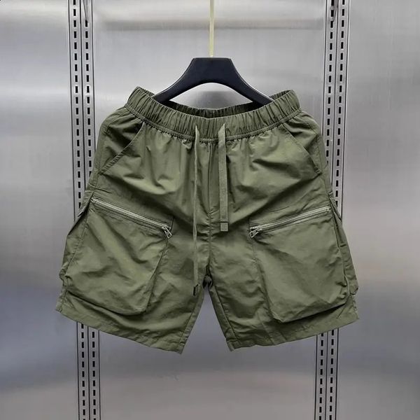 Mens Retro Multi Pocket Cargo Shorts Summer Thin Loose Straight Casual Outerwear Capris Solid Color Drawstring Short Pants 241217
