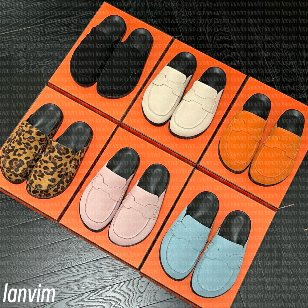 Designer clogs Slippers Mule Slippers suede leather loafers flat scuffs sandals women H sandals Slip On Black Brown Beige Clogs Noir Comfortable Sty