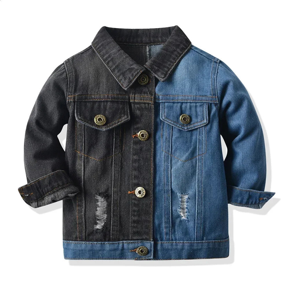 70-140cm childrens casual denim jacket with black and blue patchwork color fashionable street boy jeans jacket with perforated collar 240918