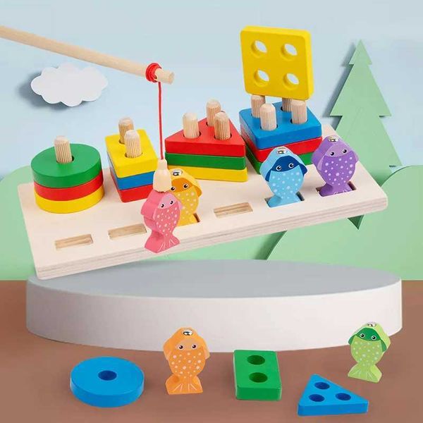 Wooden 2-in-1 3D fish shaped set column Montessori shape cognitive matching board game educational toy W250113