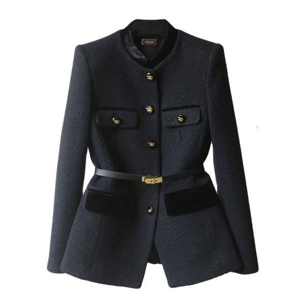 Autumn Winter New Woolen Mid-Long The Waist Fashion Coat Women Button Pure Colour Black Temperament Outerwear Female