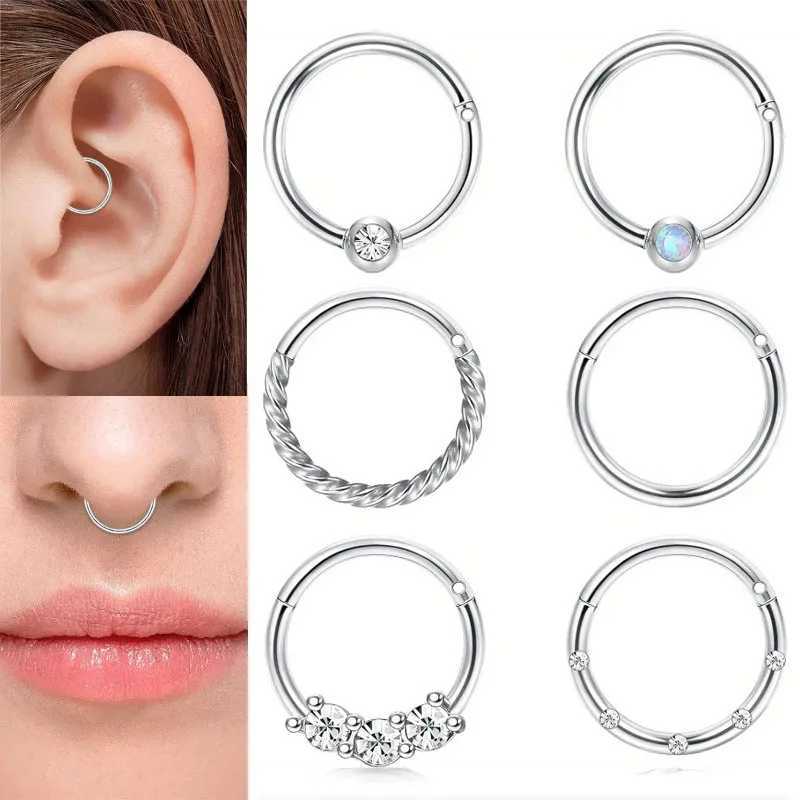 1-6pcs Stainless Steel Septum Nose Rings Hoops CZ Hinged Clicker Nose Ring Lip Piercing Cartilage Hoop Earrings Jewelry Set Y240921