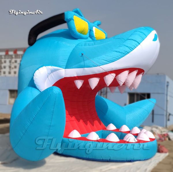 Outdoor Large Inflatable Shark DJ Booth Cartoon Sea Animal Balloon 5m Airblown Blue Shark Tent With Sunglasses For Park And Swimming Pool De